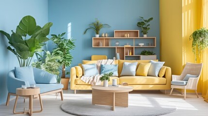 living room in yellow with white furniture and plants