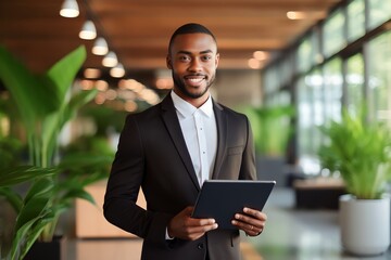 portrait african american businessman using digital tablet in hotel or office - obrazy, fototapety, plakaty