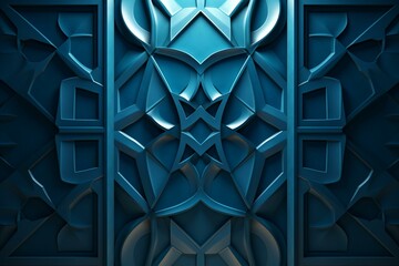Futuristic wall with tiled arabesque pattern on a polished blue block background. Generative AI