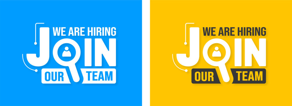 We are hiring job vacancy search icon banner, poster and social media post template. business concept of search and recruitment. join our team announcement lettering in speech. Vector Illustration.