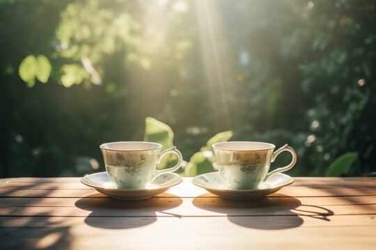 Two cups on table with garden backdrop and sunlight. Generative AI