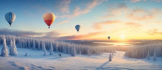 Panoramic view of hot air balloon over winter spruce tree landscape at sunset - obrazy, fototapety, plakaty