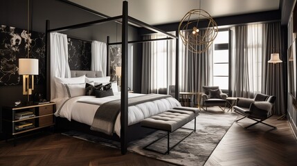 a chic boutique hotel suite with a plush canopy bed and modern amenities, promising a luxurious escape for travelers
