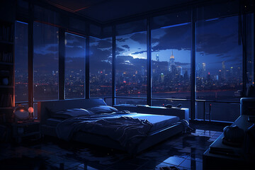 an image in the anime art style, of a bedroom interior with a panoramic window view of a futuristic cityscape at night, rain streaming down the glass. | Generative Ai