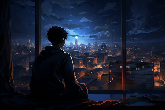 an image in the anime art style, of a bedroom interior with a panoramic window view of a futuristic cityscape at night, rain streaming down the glass. | Generative Ai