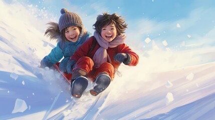 Children are sledding down the snowy slope