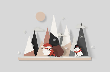Santa Claus with bag of gifts and snowman are rushing for Christmas against the backdrop of snowy forest. Paper cut style. Christmas vector isolated illustration