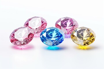 Round diamonds in pink, blue, yellow colors, seen from the side, isolated on a white background. Generative AI