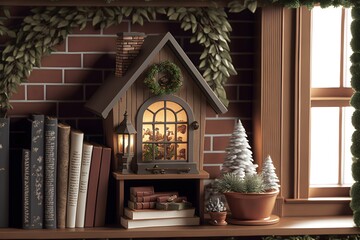 a small dollhouse in the style of an elfs house on the fireplace mantel lined with fir branches it snows outsidenatural lighting shot on Canon EF 85mm f11 USM Prime Lens closeup ISO 100  - obrazy, fototapety, plakaty
