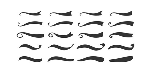 Swoosh and swoops double underline typography tails shapes. Brush drawn thick curved smears. Hand drawn collection of curly swishes, swashes, squiggles. Vector calligraphy doodle swirls. - obrazy, fototapety, plakaty