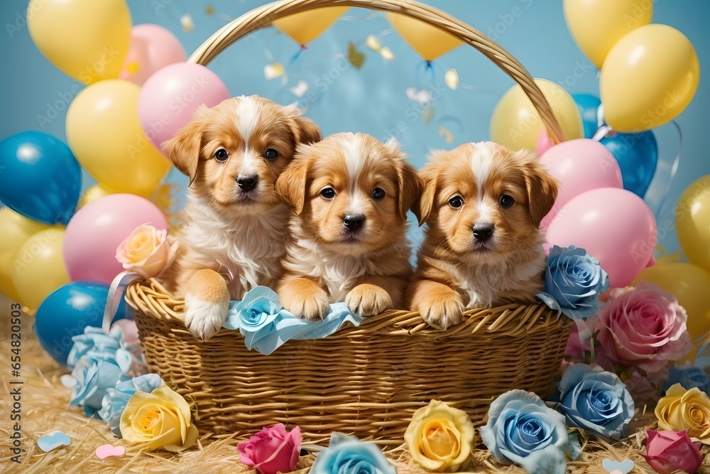 Wall mural Valentine day. Cute puppy dogs inside a straw basket, colorful roses and balloons, hearts, white candle, vivid colorful background. Generative Ai.