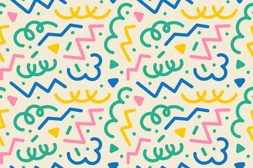 Seamless pattern of colorful abstract squiggles print, scribble spiral and wavy lines. retro 80s memphis style