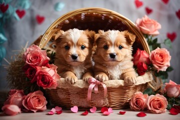 Valentine day. Cute puppy dogs inside a straw basket, colorful roses and balloons, hearts, white candle, vivid colorful background. Generative Ai.