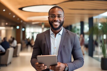 portrait african american businessman using digital tablet in hotel or office - Powered by Adobe