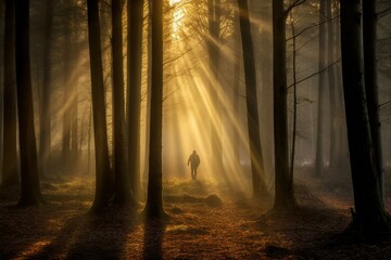 Individual, strolling amid woods in a foggy daybreak, illuminated by sunbeams. Generative AI