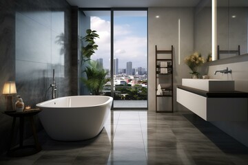 Bathroom with urban view, tiled floor, and serene ambiance. Promotes cleanliness and calmness. Generative AI - obrazy, fototapety, plakaty