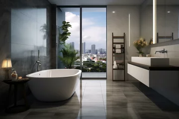 Fotobehang Bathroom with urban view, tiled floor, and serene ambiance. Promotes cleanliness and calmness. Generative AI © Phoenix