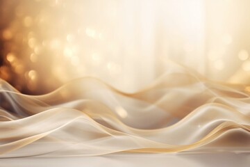 Elegant cream backdrop adorned with golden lines, gentle curves, radiant illumination, and blurred bokeh. Generative AI