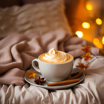 Cup of pumpkin chai latte saucer pumpkin on bed, cozy background with lights