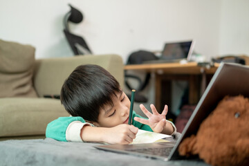Asian boy studying online and doing activities on laptop