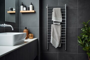 Modern bathroom with grey wall & white tiles highlighted by towel rack within shower. Generative AI