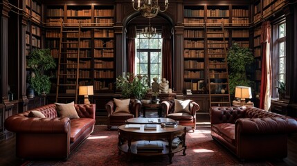 a classic home library with rich mahogany bookshelves and leather armchairs, a haven for bibliophiles and lovers of traditional elegance - obrazy, fototapety, plakaty