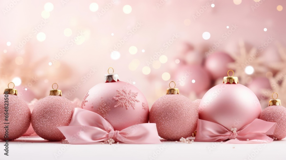 Wall mural pink christmas baubles with golden ornaments