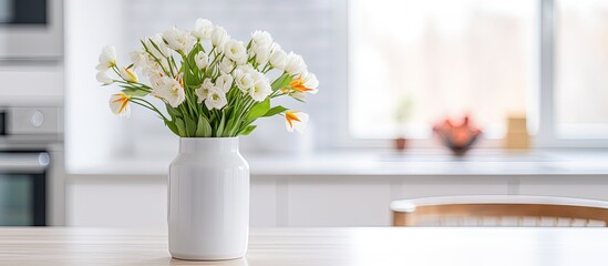 Latin style breakfast and vase of flowers on kitchen table in modern white kitchen with wooden and white details with copyspace for text