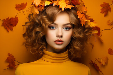 Generative Ai illustration of stunning woman surrounded by dry foliage autumn decorations background