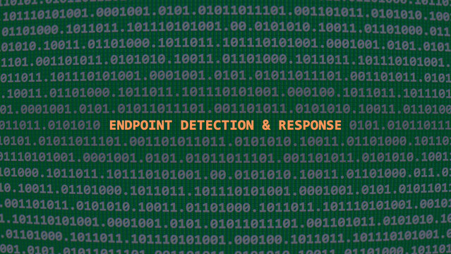 Cyber attack endpoint detection & response. Vulnerability text in binary system ascii art style, code on editor screen. Text in English, English text