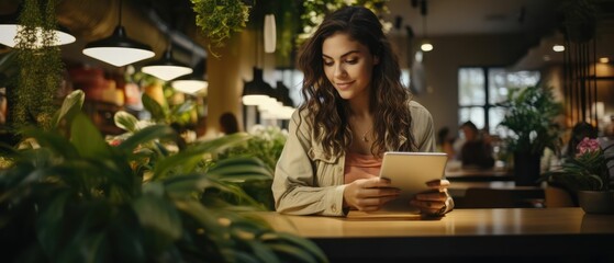 portrait of woman using laptop in trendy cafe