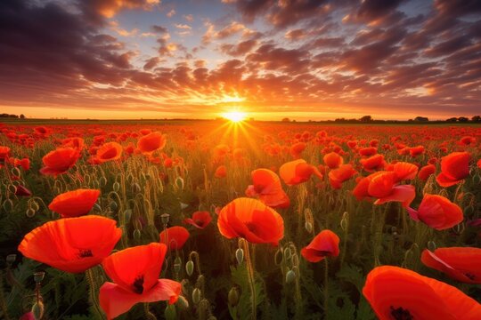 Sunrise over fields with poppies © PinkiePie