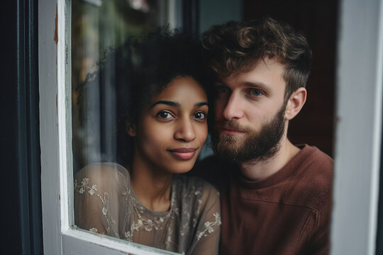 Generative AI portrait picture of two people couple in love happily smiling indoors near window