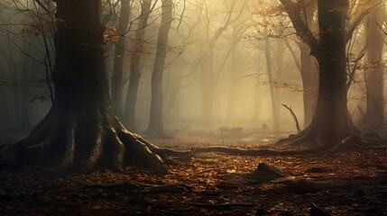 a foggy morning in a misty forest, conveying the mysterious and enchanting atmosphere of a mist-shrouded landscape