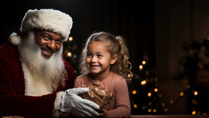 Fototapeta na wymiar Lachender freundlicher Weihnachtsmann mit Bart bringt kleinen Kind ein Geschenk im Querformat für Banner, ai generativ