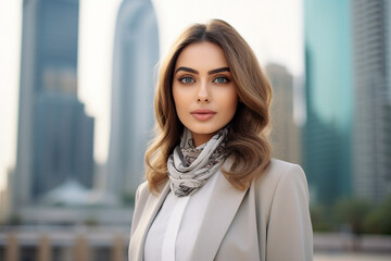 Fototapeta premium Muslim woman in hijab clothes in office building modern woman modern world generative AI