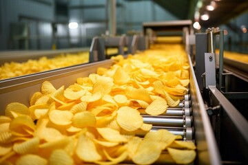 Chips factory. Production conveyor line. Background with selective focus and copy space - obrazy, fototapety, plakaty