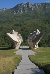 Tjentiste, Bosnia and Herzegovina - Sep 29, 2023: This memorial complex commemorates the Battle of the Sutjeska during the Second World War. Sunny summer day. Selective focus.