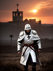 Crusader in white coat blood on battlefield - 654826142