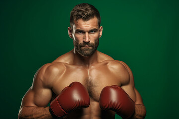 Generative AI photo of strong successful professional boxer fighting boxing pose and angry face in a ring