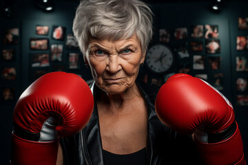 Generative AI photo of confident strong professional female boxer in a boxing ring on dark background