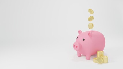 Pink Piggy bank , three gold coins float and coin stack 3d render on white background. Money creative business concept. Safe finance investment.