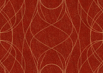Fototapeta premium Hand-drawn unique abstract symmetrical seamless gold ornament with splatters of golden glitter on a bright red background. Paper texture. Digital artwork, A4. (pattern: p10-1a)