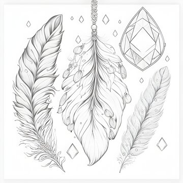 a coloring page with decorative feathers and chrystals quartz simple lineart coloring page 
