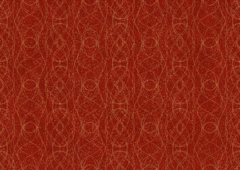 Hand-drawn unique abstract symmetrical seamless gold ornament with splatters of golden glitter on a bright red background. Paper texture. Digital artwork, A4. (pattern: p10-1c)
