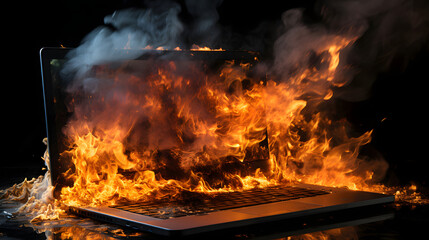 Laptop Damage. Laptop on fire and flames. Computer Repair. Flaming Fire laptop computer.
