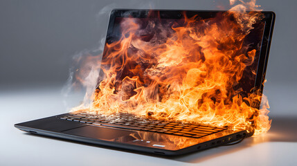 Laptop Damage. Laptop on fire and flames. Computer Repair. Flaming Fire laptop computer.