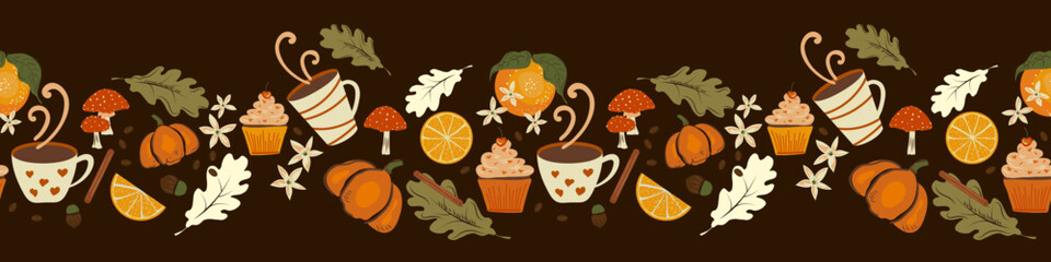 Autumn food seamless pattern with, leaves, acorn, cinnamon, coffee, pumpkin, cupcake and  mushrooms. Autumn harvest festival, halloween or Happy Thanksgiving on dark brown color background design - 654828538