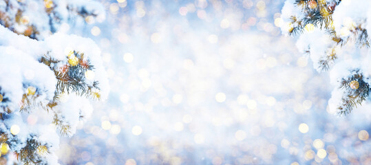 Christmas winter blurred background with garland lights, holiday festive background.