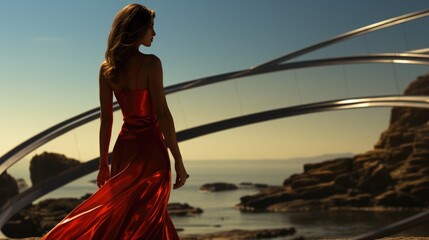 A female model in a red dress poses on the seashore. - obrazy, fototapety, plakaty